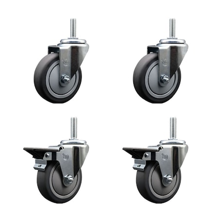 Service Caster 4 Inch Thermoplastic  Rubber Wheel Swivel 58 Inch Threaded Stem Caster Set 2 Brakes SCC SCC-TS20S414-TPRB-58212-2-PLB-2